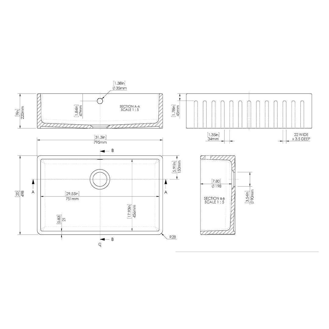 Nuie Butler Sink Fluted with Overflow, Classic White Fireclay Kitchen Sink for Timeless Elegance, 795x500x220mm
