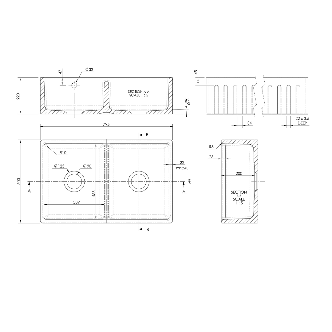 Nuie Butler Sink Fluted Stepped Weir & Overflow, Classic White Fireclay Kitchen Sink for Timeless Elegance, 795x500x220mm