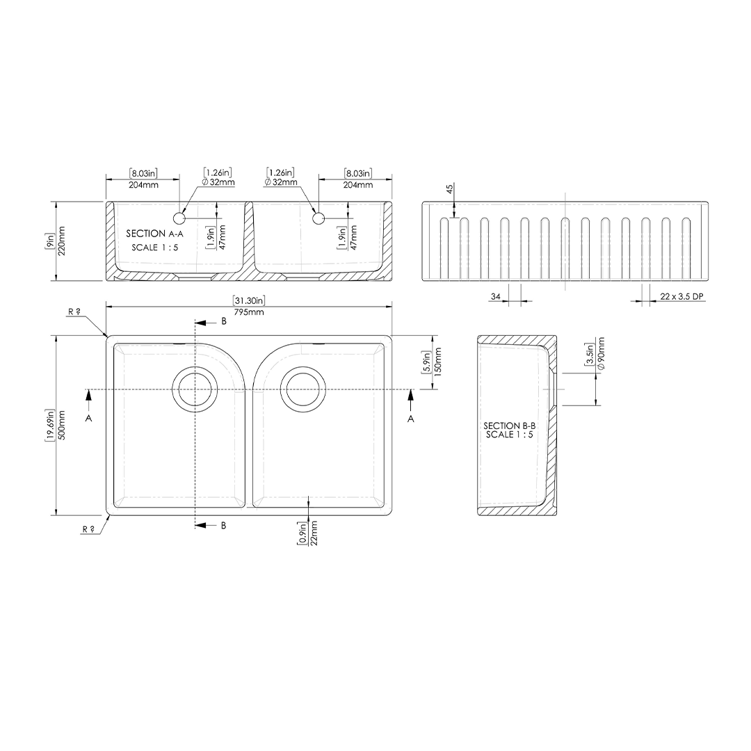 Nuie Butler Sink Fluted Flush Weir & Overflow, Classic White Fireclay Kitchen Sink for Timeless Elegance, 795x500x220mm