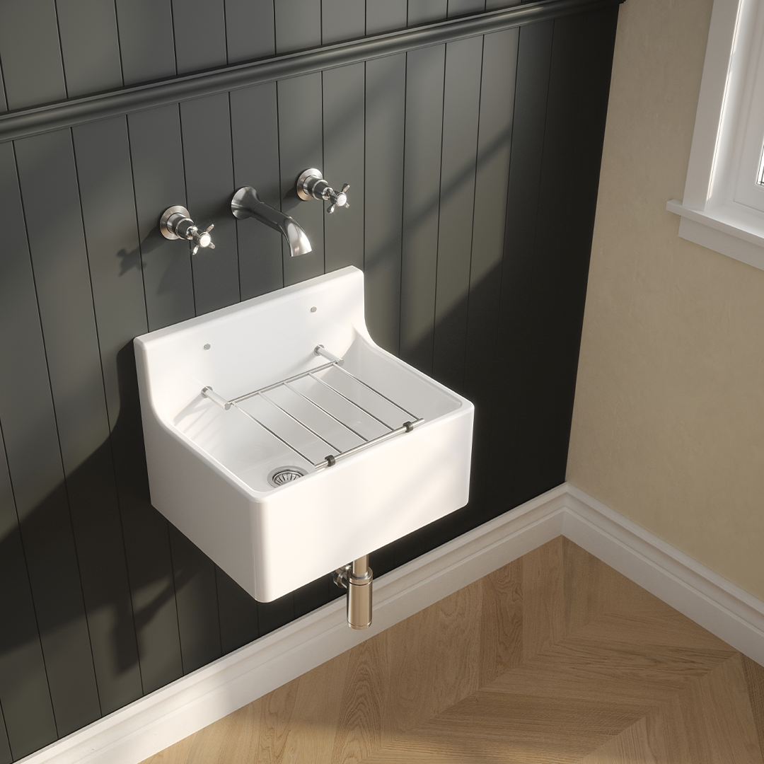 Nuie Fireclay Cleaner Sink with Grid, Stylish White Kitchen Sink for Utility and Everyday Use, 455mm x 362mm x 396mm