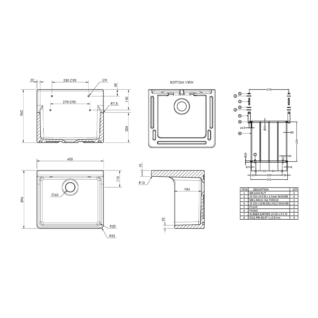 Nuie Fireclay Cleaner Sink with Grid, Stylish White Kitchen Sink for Utility and Everyday Use, 455mm x 362mm x 396mm