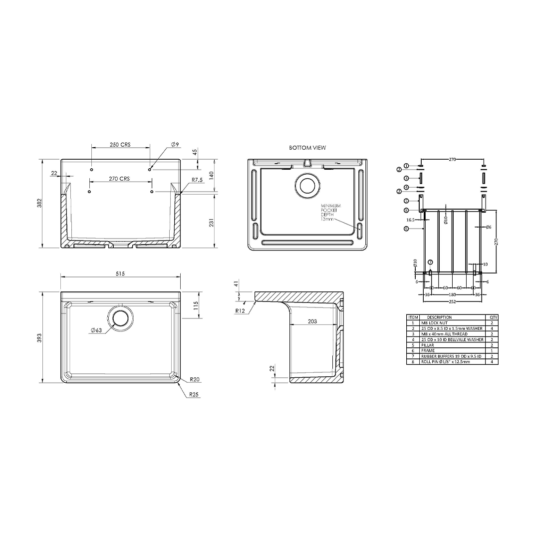 Nuie Fireclay Sinks Cleaner Sink with Grid, Elegant White Fireclay Kitchen Sink for Practical Use, 515mm x 382mm x 393mm