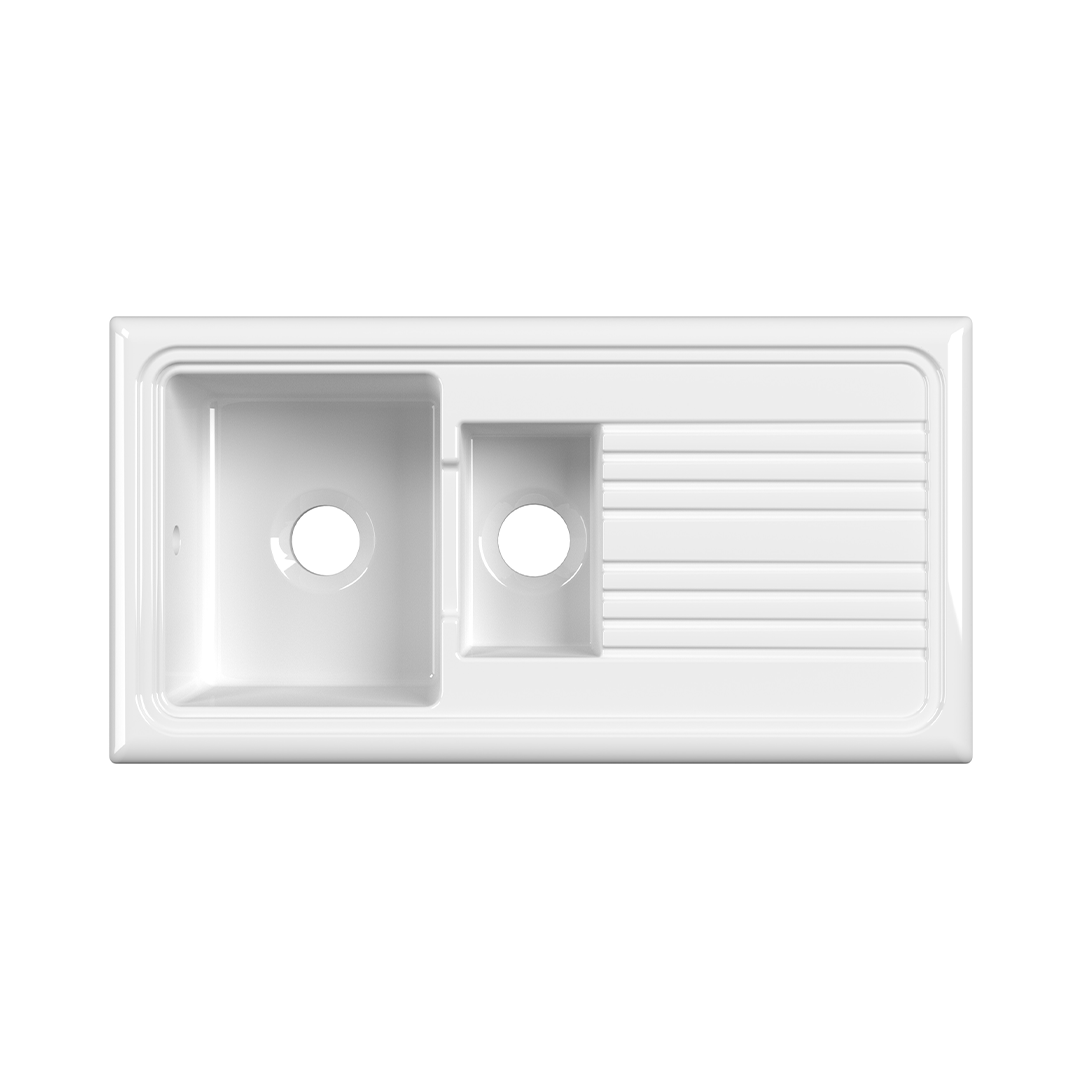 Nuie Counter Top Sink 1.5 Bowl, Elegant White Fireclay Kitchen Sink for Timeless Utility, 1010mm x 525mm