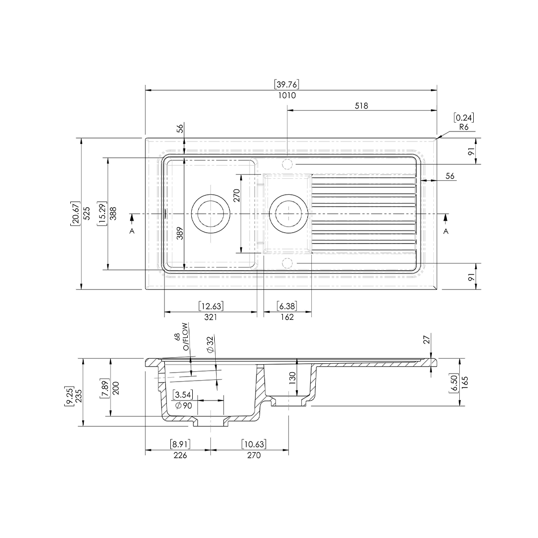 Nuie Counter Top Sink 1.5 Bowl, Elegant White Fireclay Kitchen Sink for Timeless Utility, 1010mm x 525mm