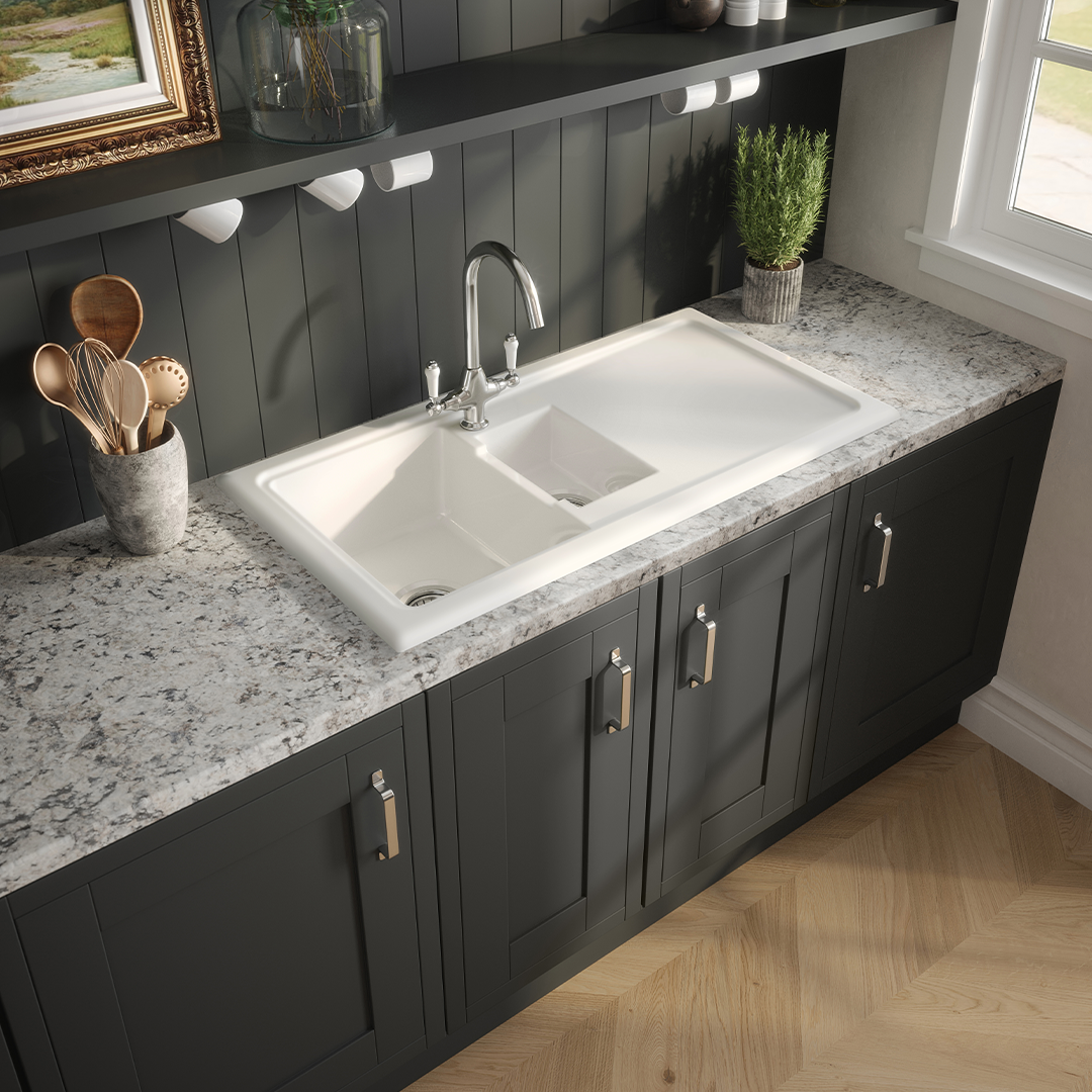 Nuie Counter Top Sink 1.5 Bowl, Elegant White Fireclay Kitchen Sink for Timeless Utility, 1010mm x 525mm