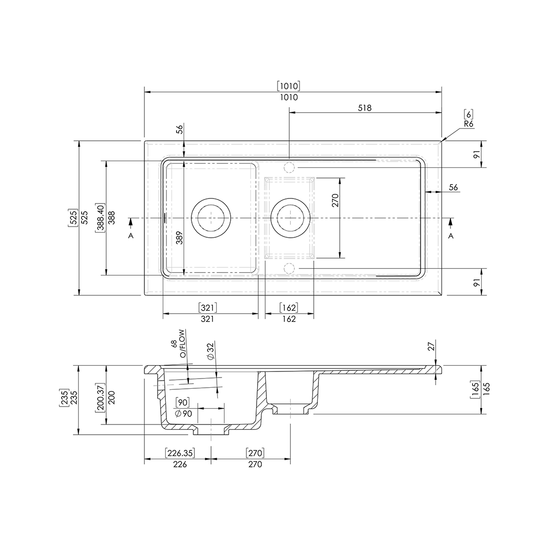 Nuie Counter Top Sink 1.5 Bowl, Elegant White Fireclay Kitchen Sink for Timeless Utility, 1010mm x 525mm