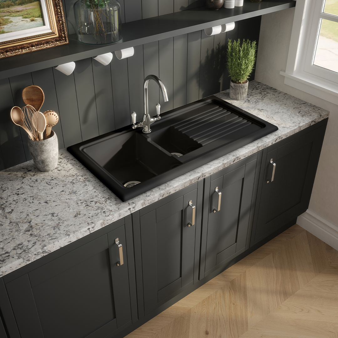 Nuie Counter Top Sink 1.5 Bowl, Elegant Black Fireclay Kitchen Sink for Timeless Utility, 1010mm x 525mm