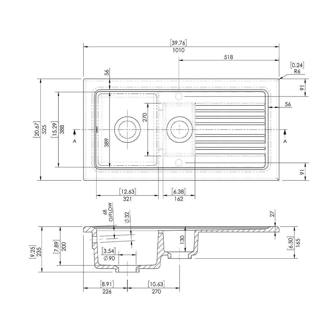 Nuie Counter Top Sink 1.5 Bowl, Elegant Black Fireclay Kitchen Sink for Timeless Utility, 1010mm x 525mm