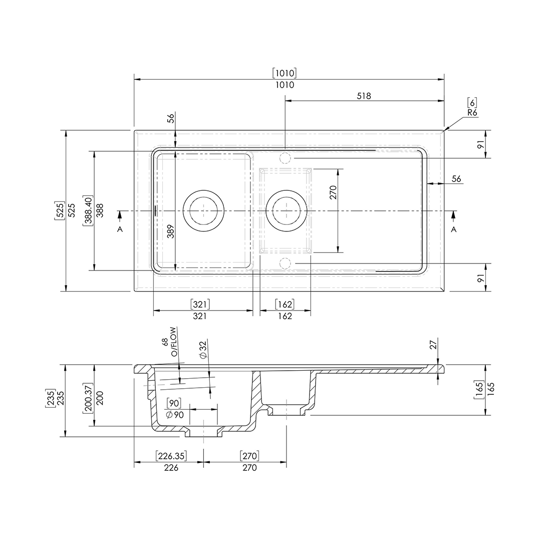 Nuie Counter Top Sink 1.5 Bowl, Elegant Black Fireclay Kitchen Sink for Timeless Utility, 1010mm x 525mm