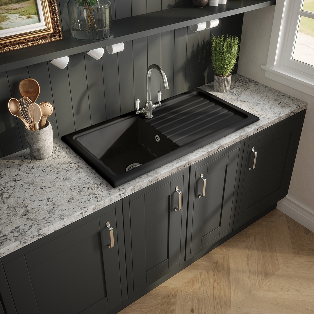 Nuie Counter Top Sink Single Bowl, Elegant Black Fireclay Kitchen Sink for Timeless Utility, 1010mm x 525mm