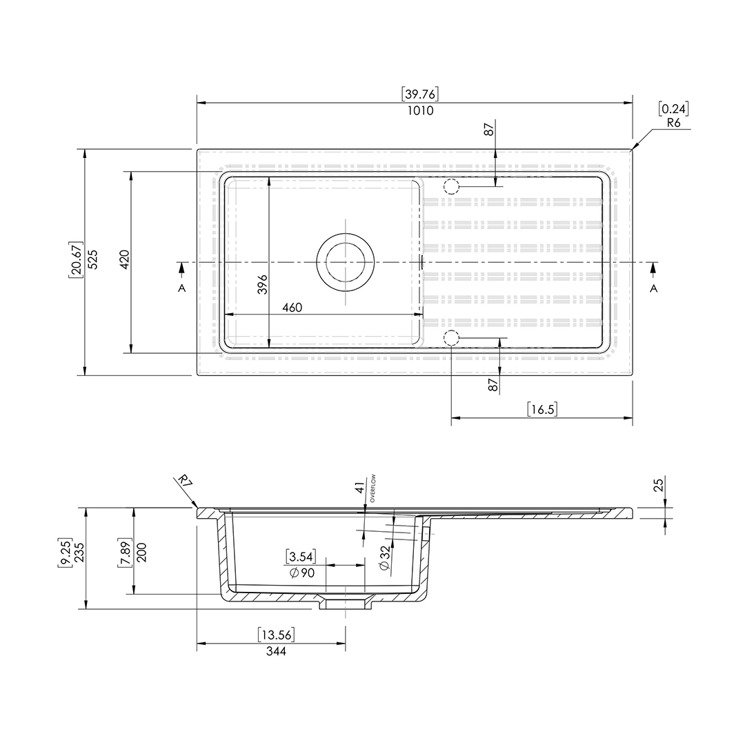 Nuie Counter Top Sink Single Bowl, Elegant Black Fireclay Kitchen Sink for Timeless Utility, 1010mm x 525mm