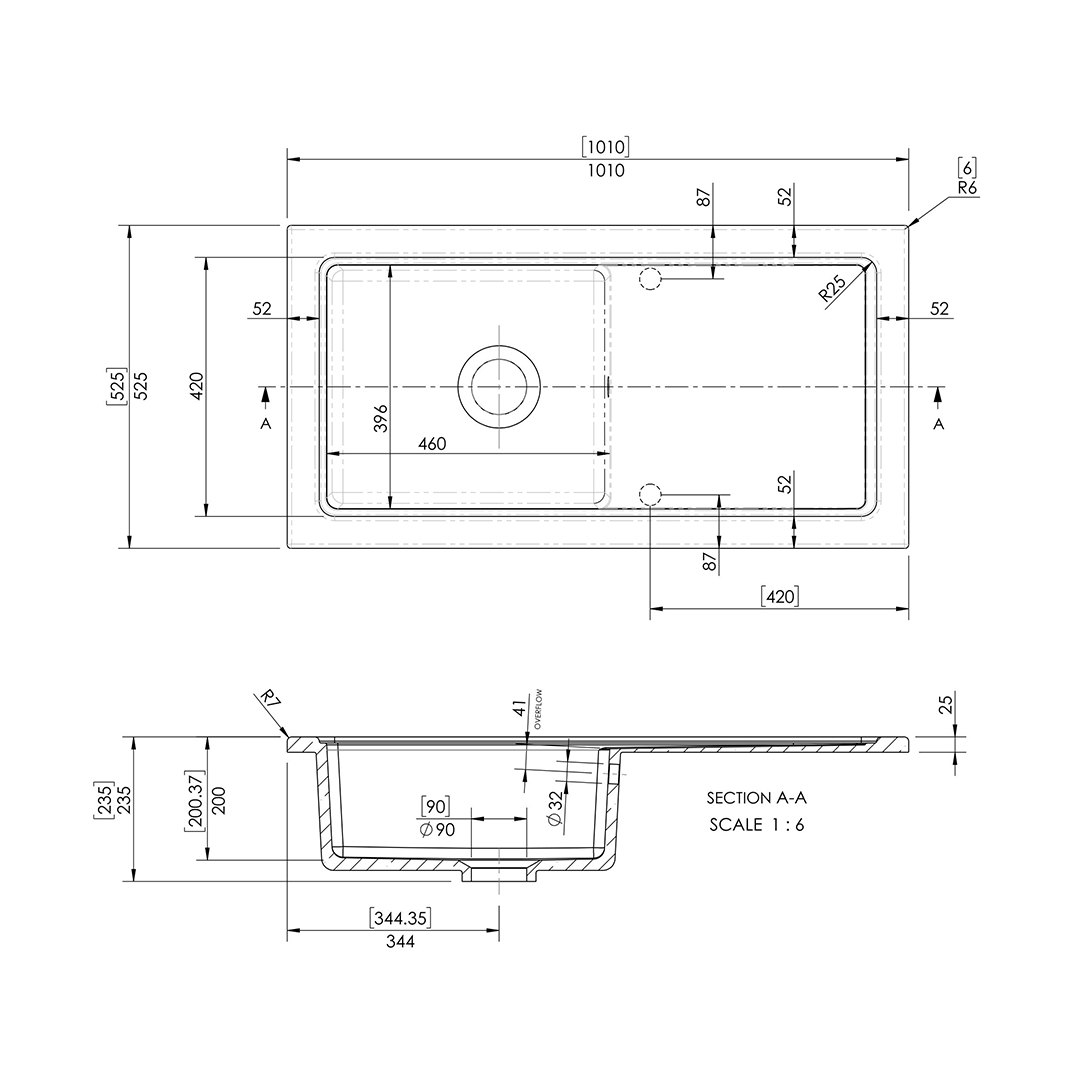 Nuie Counter Top Sink Single Bowl, Elegant Black Fireclay Kitchen Sink for Timeless Utility, 1010mm x 525mm