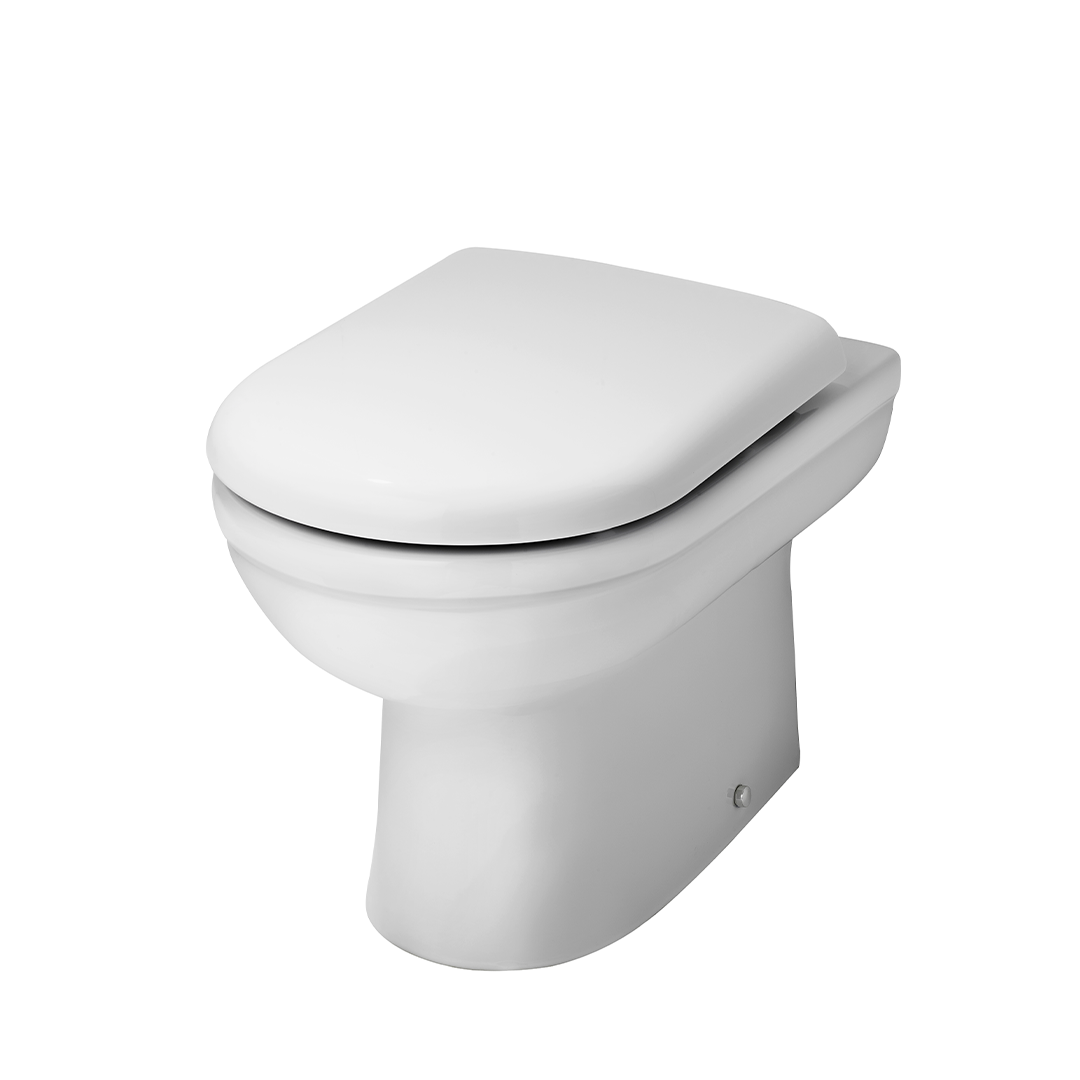 The Nuie Ivo Back to Wall Toilet - White by Nuie, crafted from durable vitreous china with a closed lid, is displayed against a plain white background.
