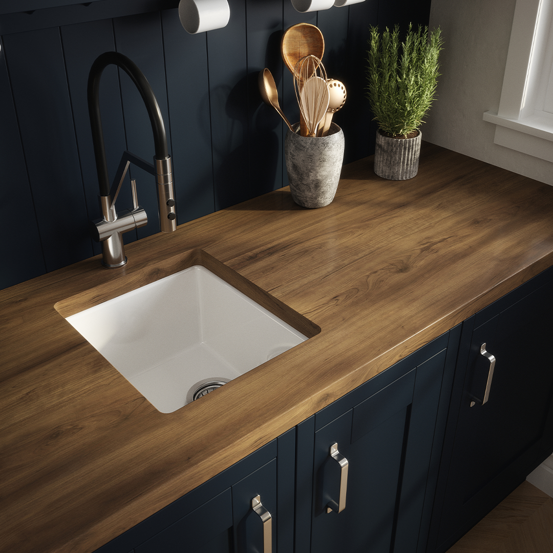 Nuie Inset Single Bowl with Overflow, Durable Undermount Single Small Bowl Kitchen Basin in White Finish, 457 x 457 x 203mm