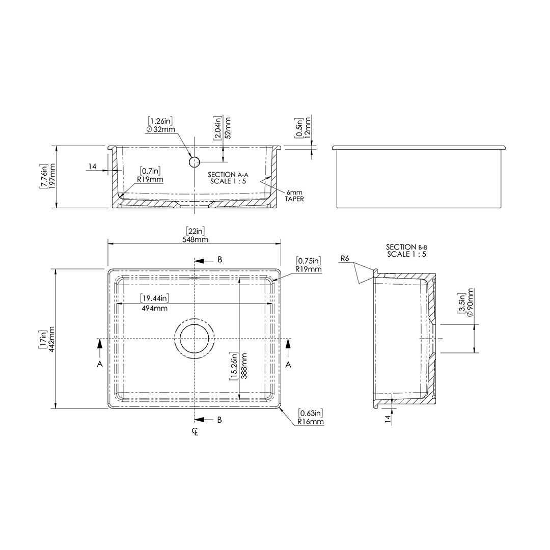 Nuie Inset Single Bowl Kitchen Sink with Overflow & Central Waste, Durable Small Kitchen Basin in White, 548 x 442 x 197mm