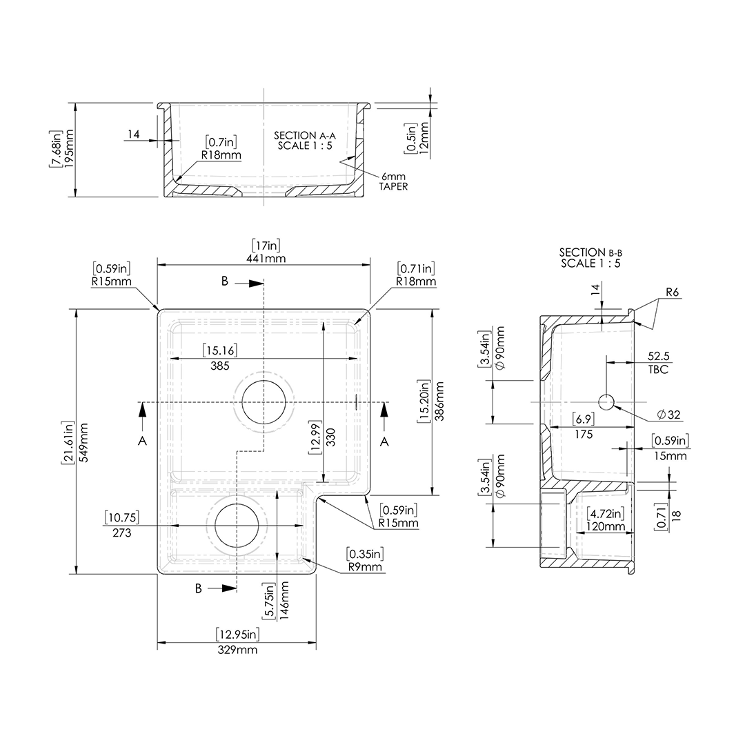 Nuie Inset Undermount LH 1.5 Bowl Kitchen Sink with Central Waste, Durable Small Tap Kitchen Basins in White, 549 x 441 x 195mm