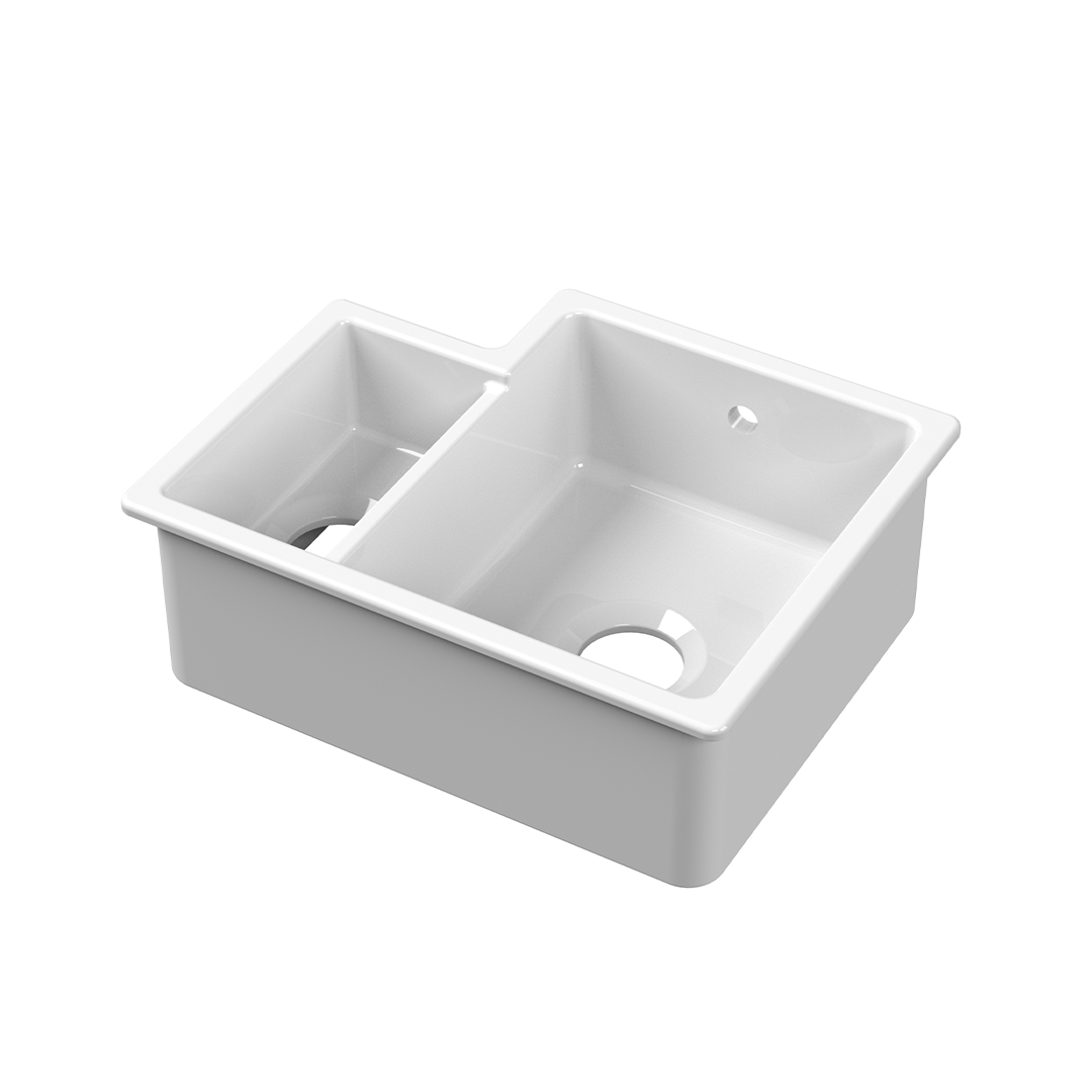 Nuie Inset Undermount RH 1.5 Bowl Kitchen Sink with Central Waste, Durable Small Tap Kitchen Basins in White, 549 x 441 x 195mm