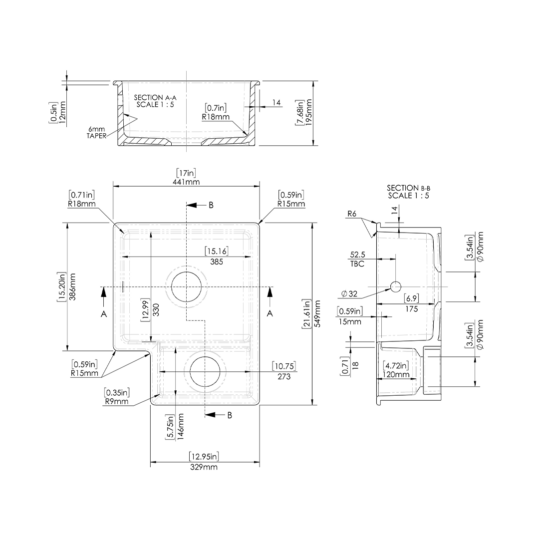 Nuie Inset Undermount RH 1.5 Bowl Kitchen Sink with Central Waste, Durable Small Tap Kitchen Basins in White, 549 x 441 x 195mm