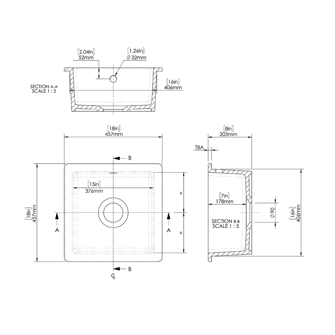 Nuie Inset Single Bowl with Overflow, Durable Undermount Single Small Bowl Kitchen Basin in Soft Black, 457 x 457 x 203mm