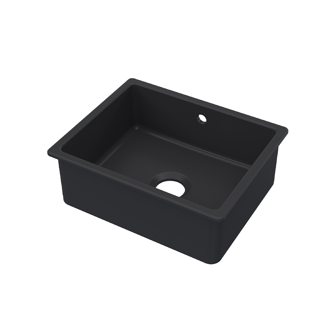 Nuie Inset Single Bowl with Overflow, Durable Undermount Single Small Bowl Kitchen Basin in Soft Black, 548 x 442 x 197mm