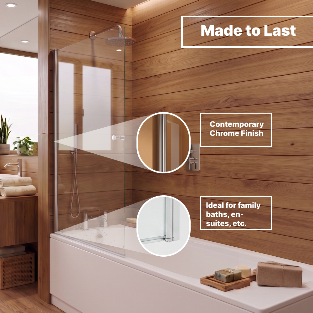 Velora 6mm Glass Square Edge Pivot Bath Screen - 1400mm x 800mm