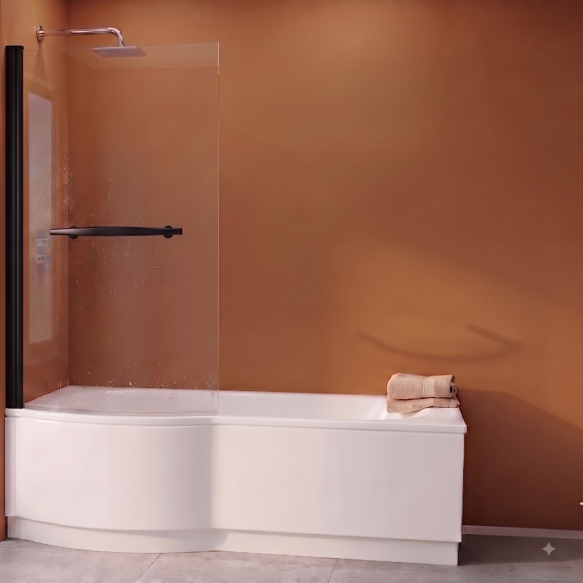 Eclipse 6mm Glass Curved Bath Screen with Towel Rail - 1400mm x 730mm