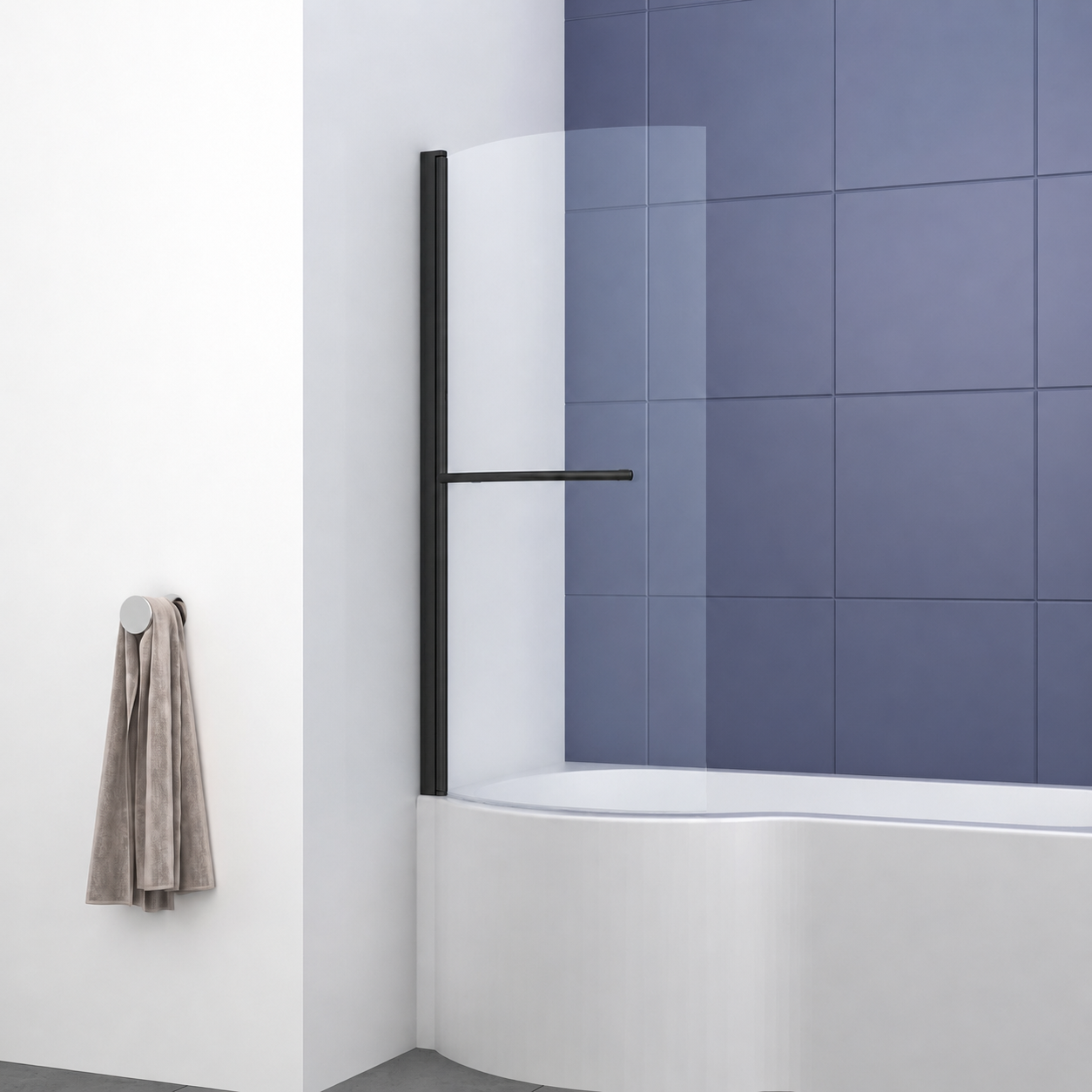 VeeBath 1435mm x 720mm 6mm Glass Curved Shower Bath Screen with Towel Rail - Chrome Finish