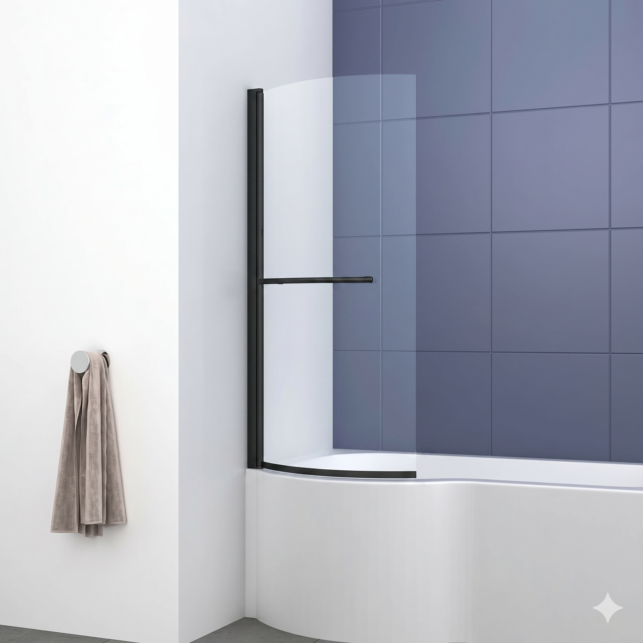 Modern Curved Shower Bath Screen With Towel Rail - 6mm Glass - 1435mm x 720mm - Chrome