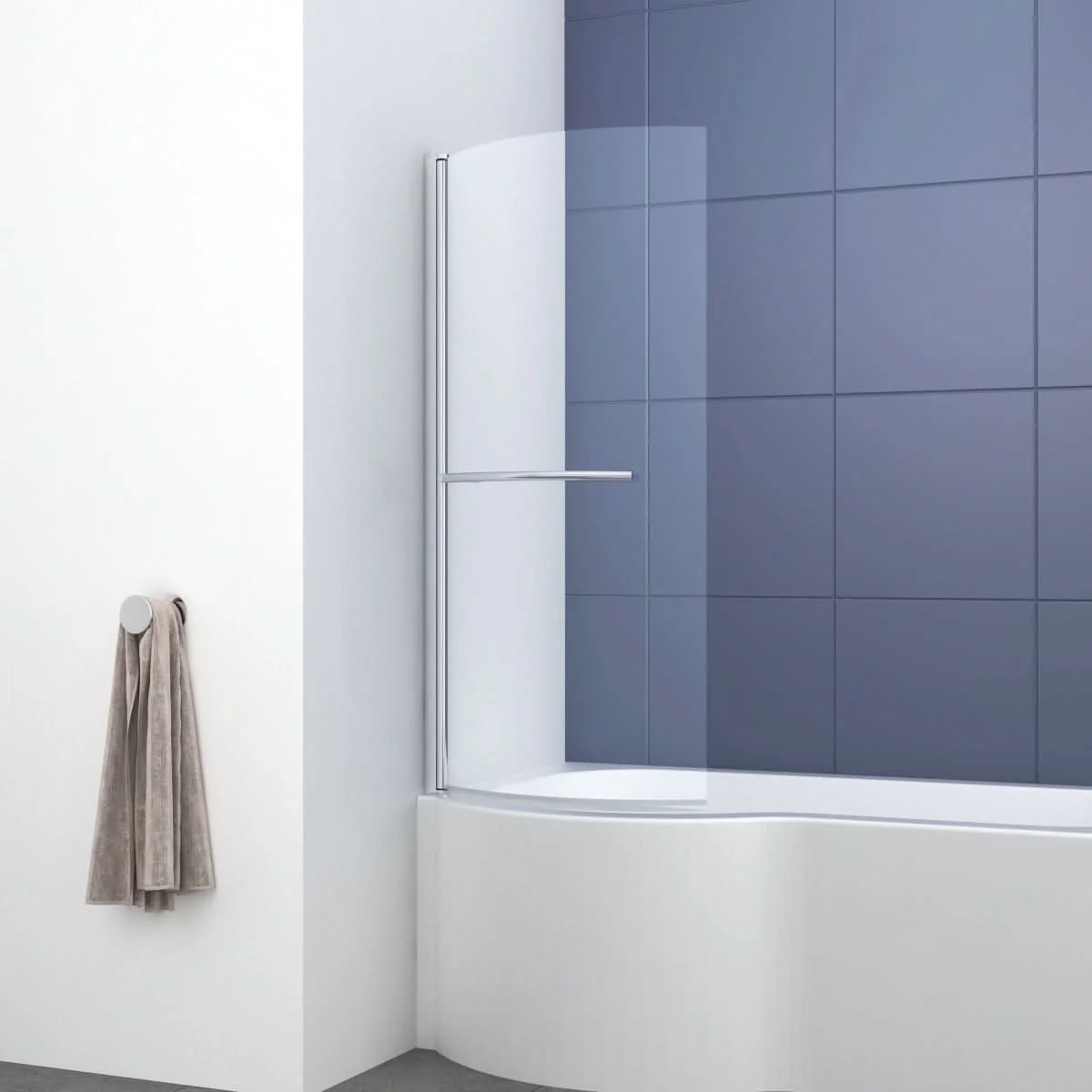 Modern Curved Shower Bath Screen With Towel Rail - 6mm Glass - 1435mm x 720mm - Chrome