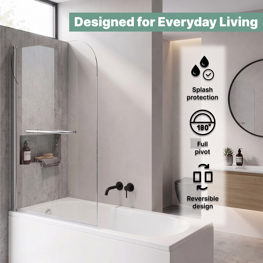 Supreme 6mm Glass Sail Bath Screen with Pivot Panel and Towel Rail - Chrome
