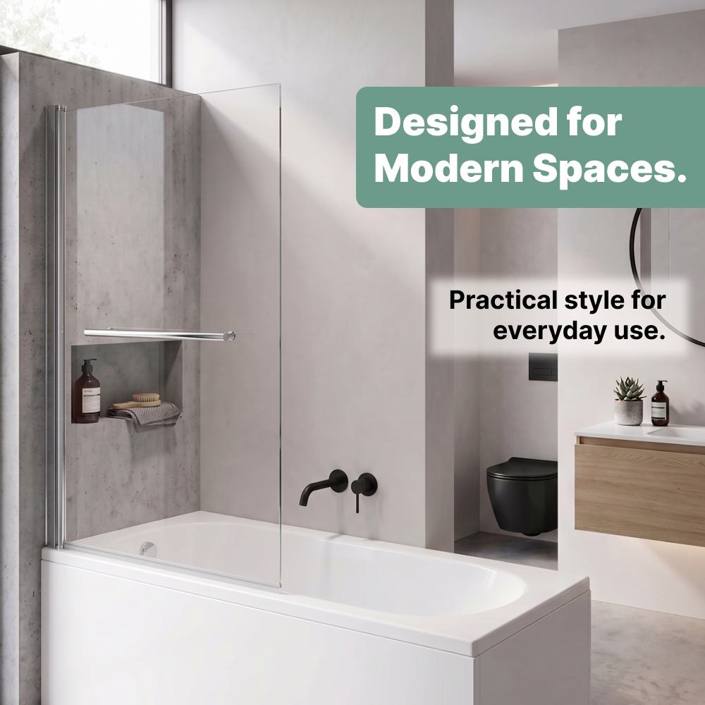 Aureon Square Edge 6mm Glass Pivot Bath Screen with Towel Rail - 1400mm x 800mm - Chrome