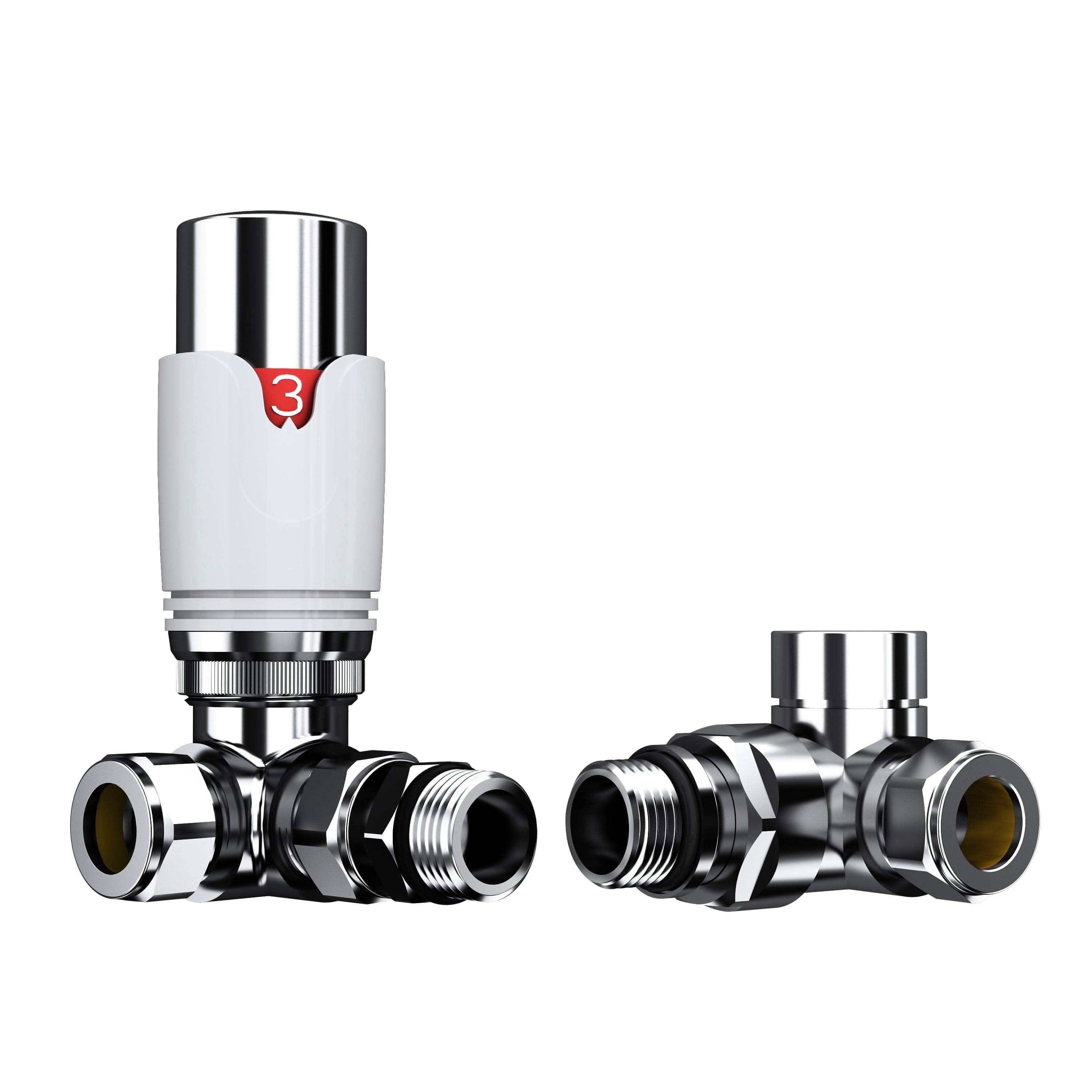 The iBathUK Pro 1/2 Thermostatic Radiator Valve TRV with a white knob (marked 3) and matching lockshield both feature threaded metal connections and a modern chrome finish.