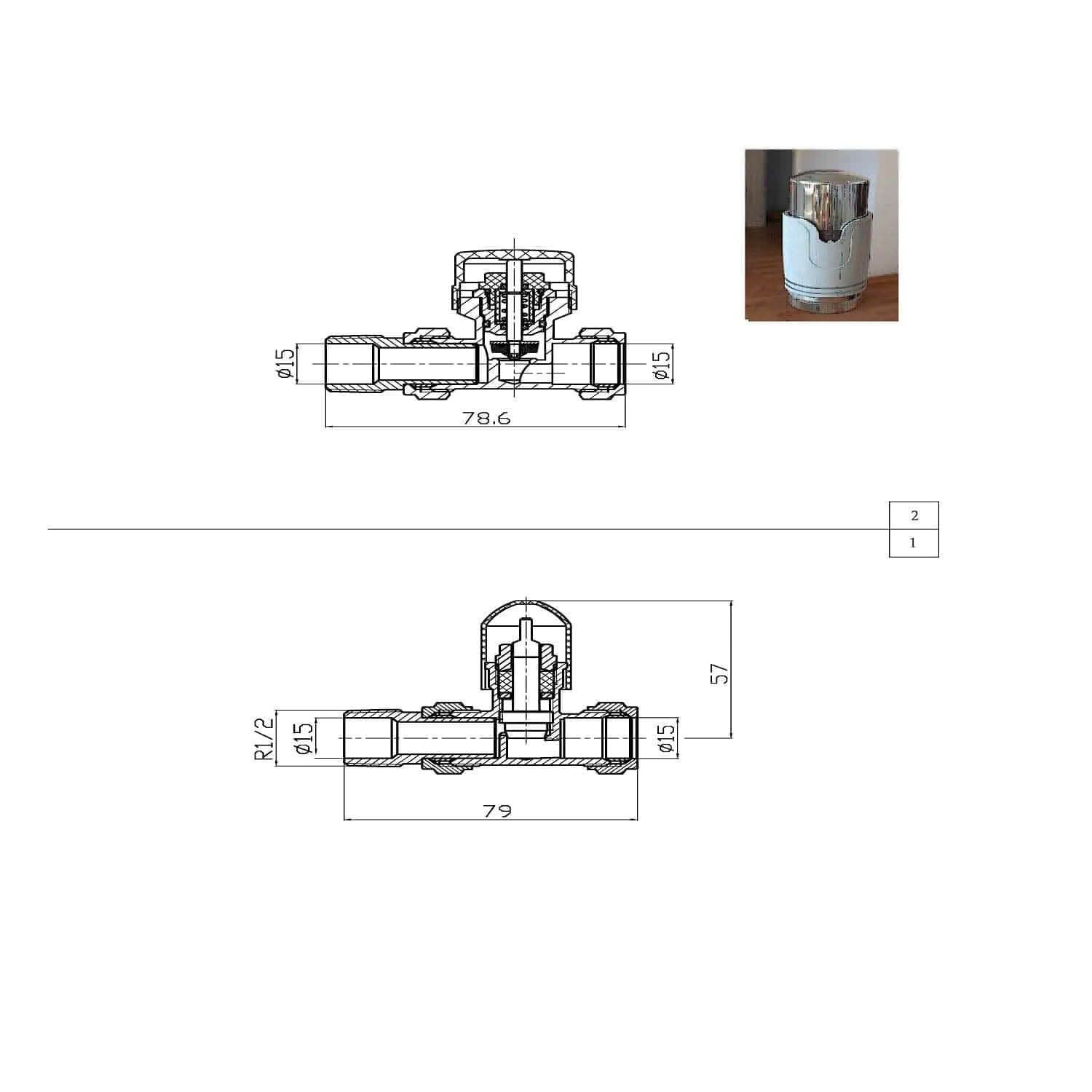Technical drawing of the iBathUK Pro 1/2 Thermostatic Radiator Valve TRV + Lockshield, showing detailed front and side views with labeled measurements, plus a small photo of the installed valve in the top right corner.