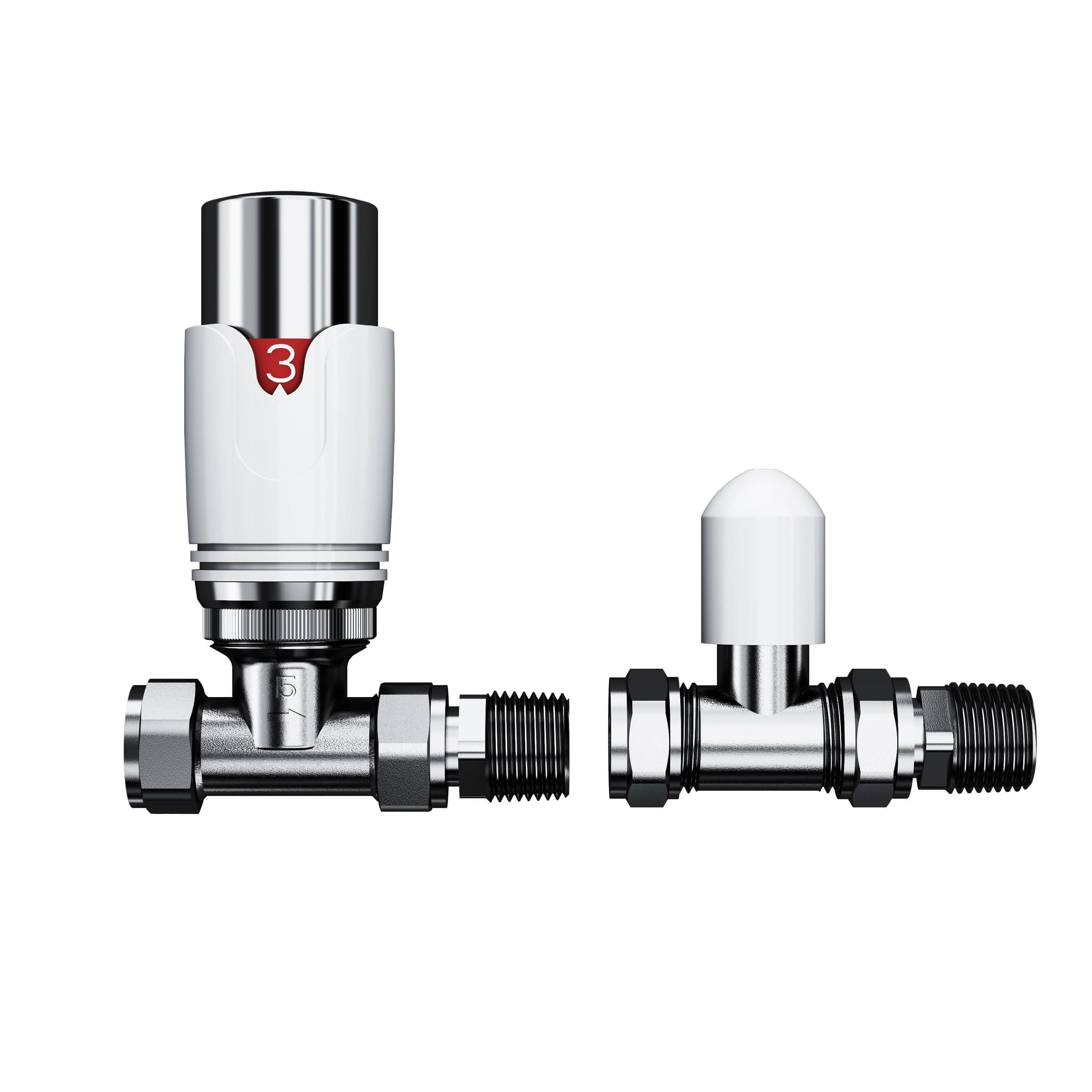 The iBathUK Pro 1/2 Thermostatic Radiator Valve TRV + Lockshield set is displayed side by side on a white background, featuring a chrome and white TRV head with a red “3”, and a classic lockshield cap.