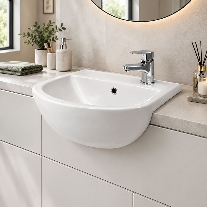 Moral Curved Semi Recessed Basin - 400mm Wide - 1 TH - White