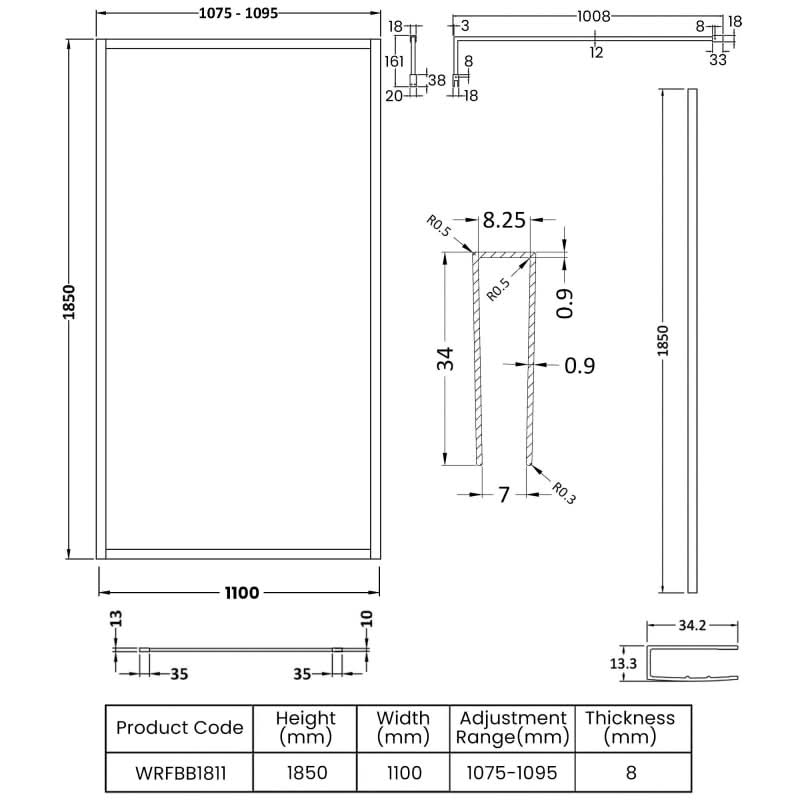 Cubis 8mm Glass Full Outer Framed Wetroom Panel With Support Bar