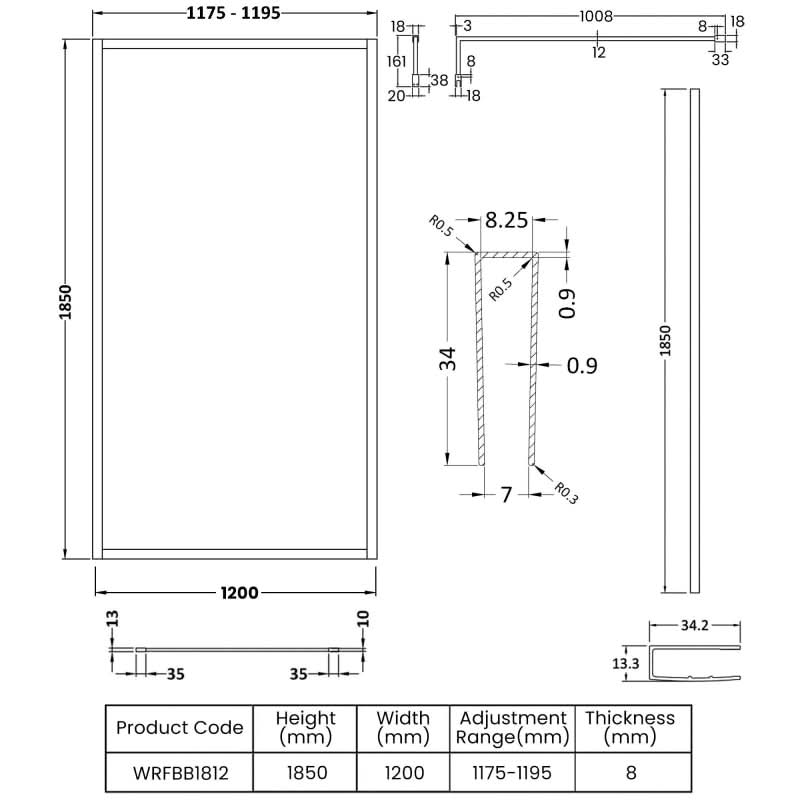 Cubis 8mm Glass Full Outer Framed Wetroom Panel With Support Bar
