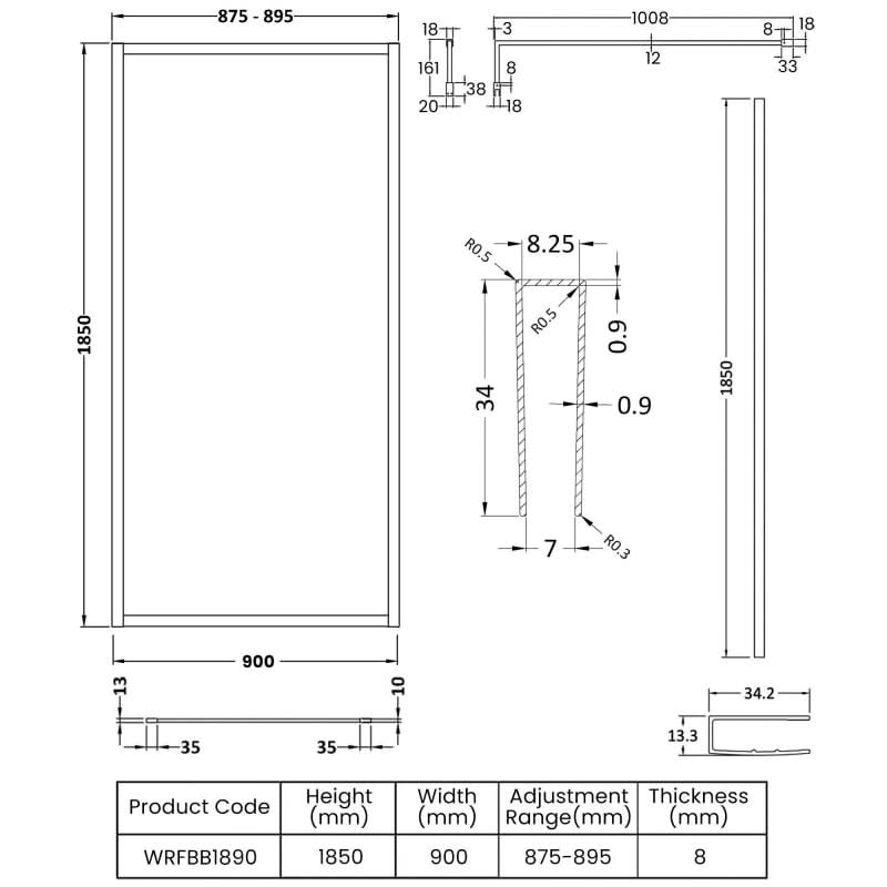 Cubis 8mm Glass Full Outer Framed Wetroom Panel With Support Bar