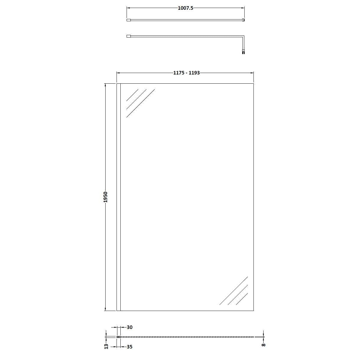 Cascade 8mm Glass Wetroom Panel With Support Bar