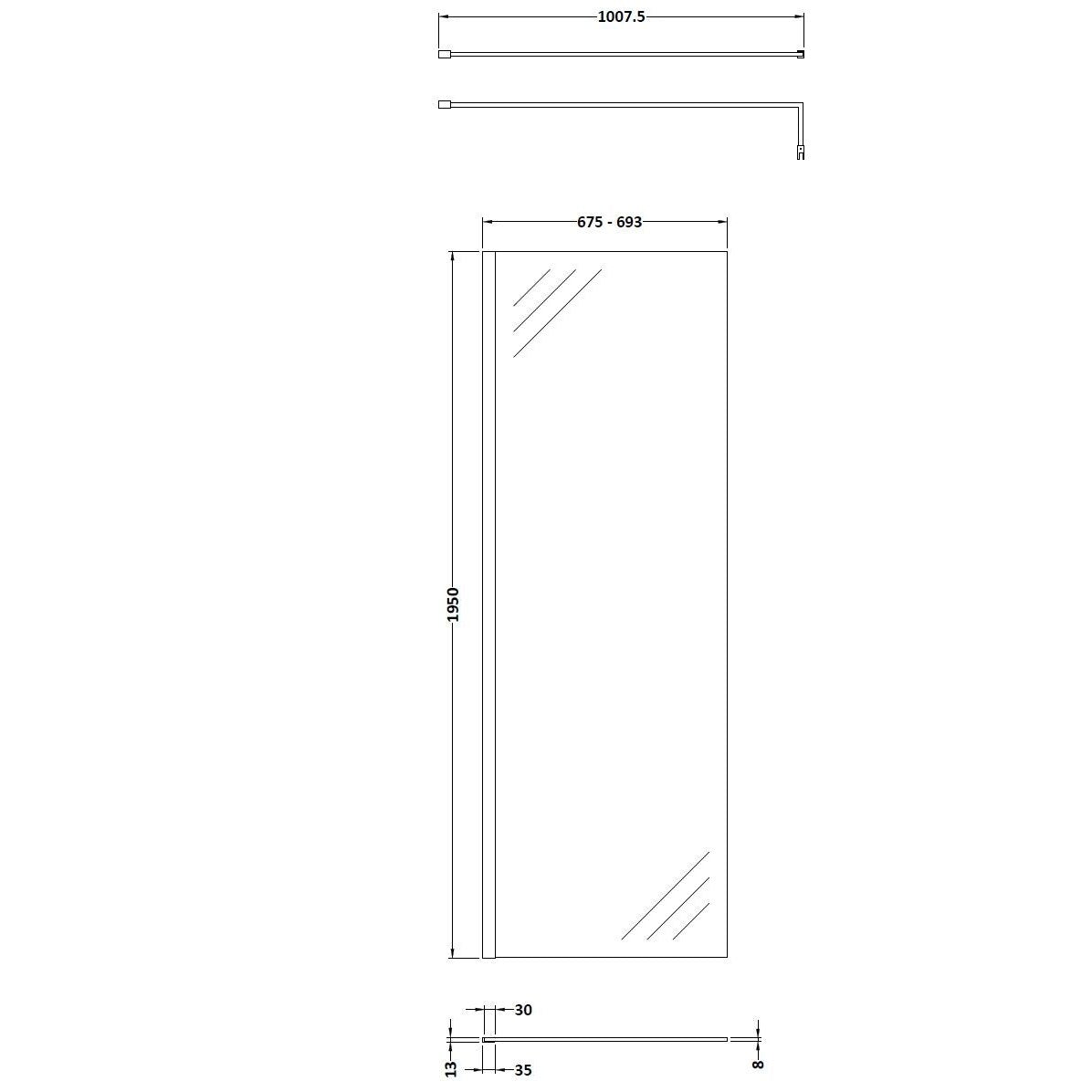 Cascade 8mm Glass Wetroom Panel With Support Bar