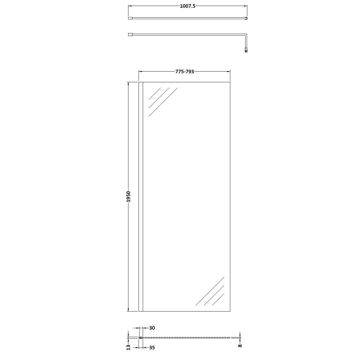Cascade 8mm Glass Wetroom Panel With Support Bar