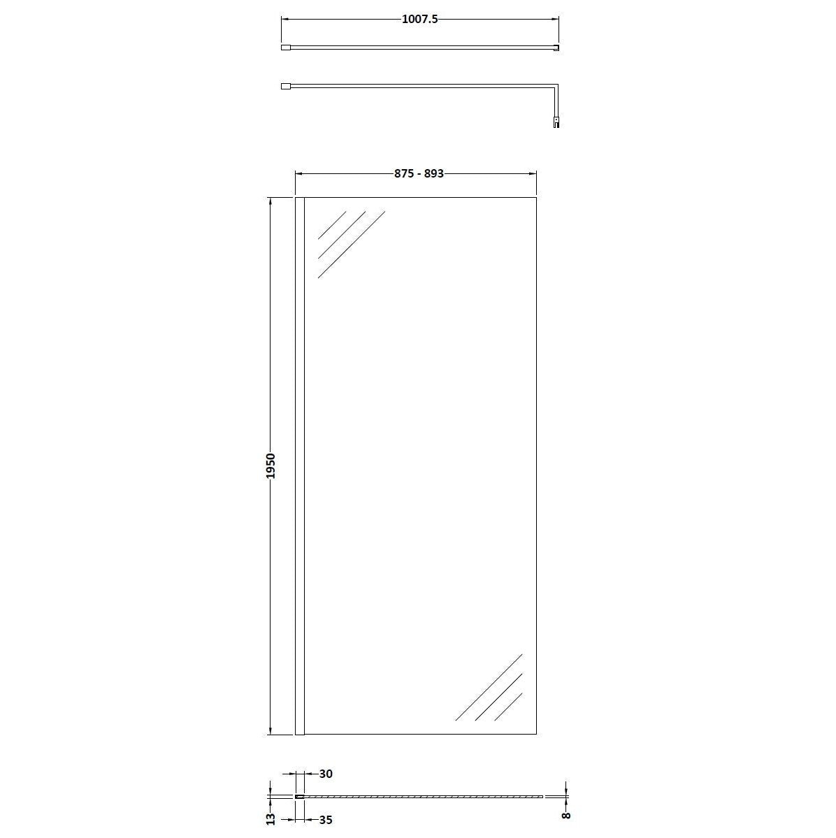 Cascade 8mm Glass Wetroom Panel With Support Bar