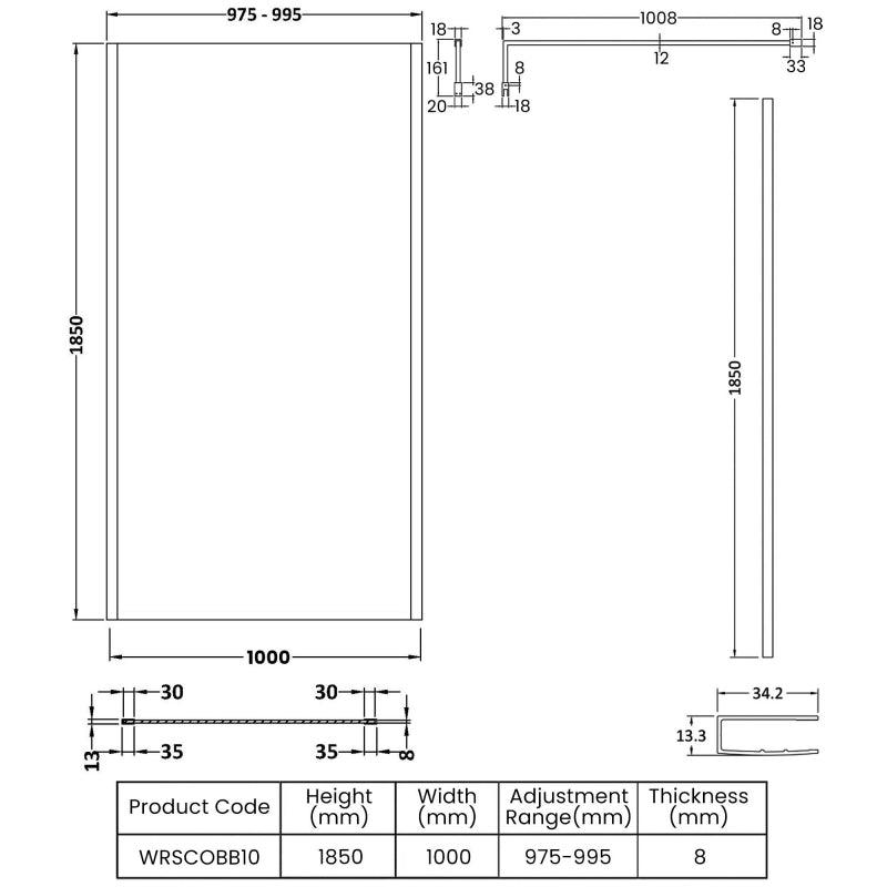Linear 8mm Glass Outer Framed Wetroom Panel With Support Bar