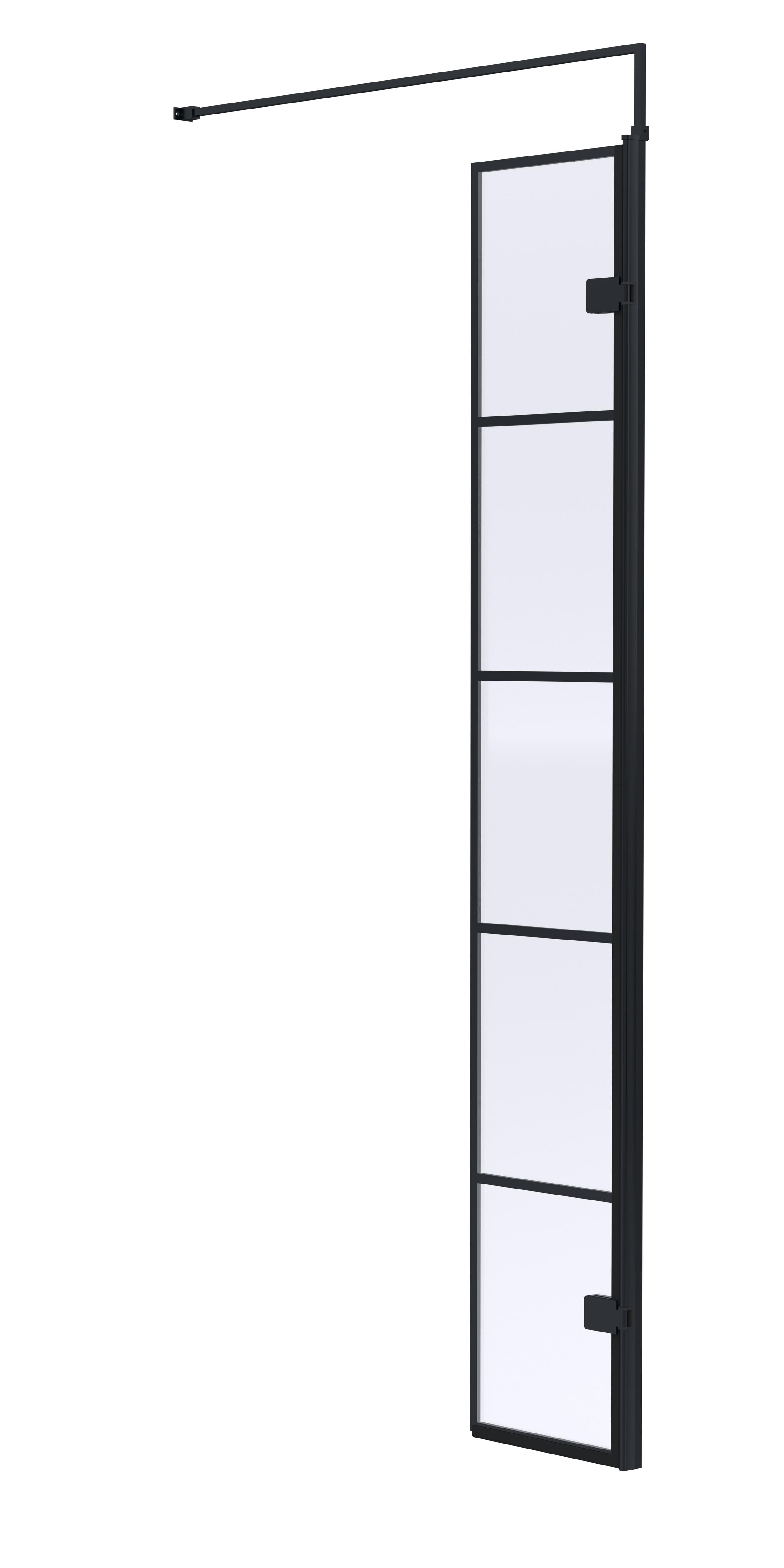 Aspect 8mm Glass Matt Black Wetroom Return Screen With Support Bar - Aluminium