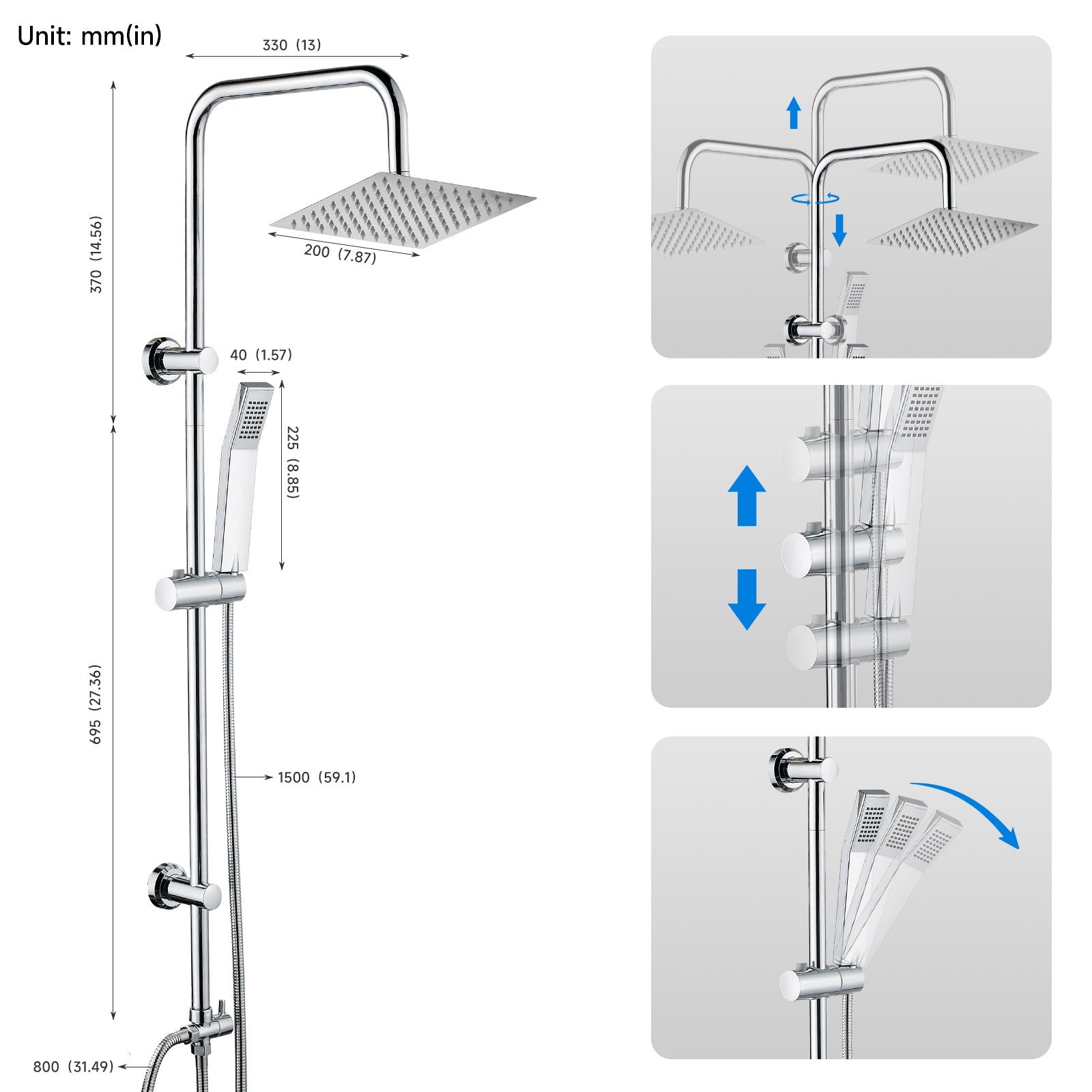 iBathUK Elevex 2 Way Shower Riser Rail Kit with SS Fixed Head & Diverter, Square Design with Universal Fittings, Shower Riser Rail, Chrome, H110 x W20 x D44cm