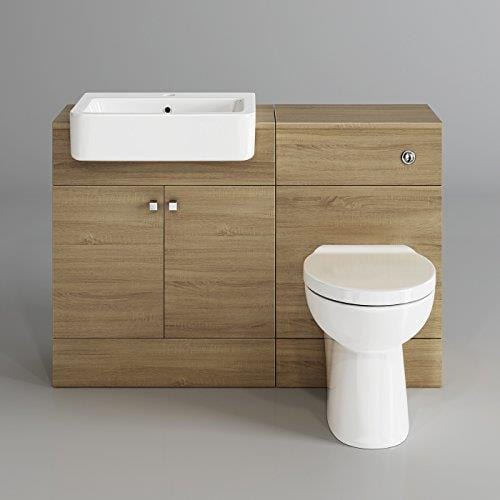 iBathUK Furniture > Vanity Units Oak Round Style Toilet 1 Bathroom Furniture with Vanity Basin Unit and Back to Wall Toilet Unit