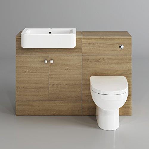 iBathUK Furniture > Vanity Units Oak Round Style Toilet 2 Bathroom Furniture with Vanity Basin Unit and Back to Wall Toilet Unit