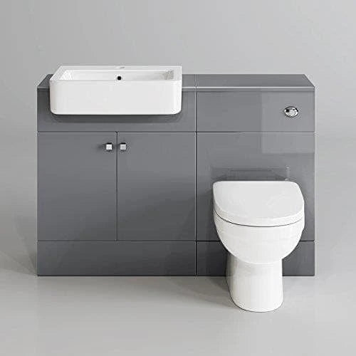 iBathUK Harper Combined Vanity Unit, Quartz Pan, Toilet Furniture Set, Sink Vanity Unit and Toilet, Gloss Grey, 1160mm