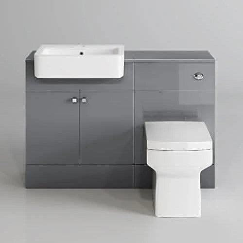 iBathUK Harper Combined Vanity Unit, Quartz Pan, Toilet Furniture Set, Sink Vanity Unit and Toilet, Gloss Grey, 1160mm