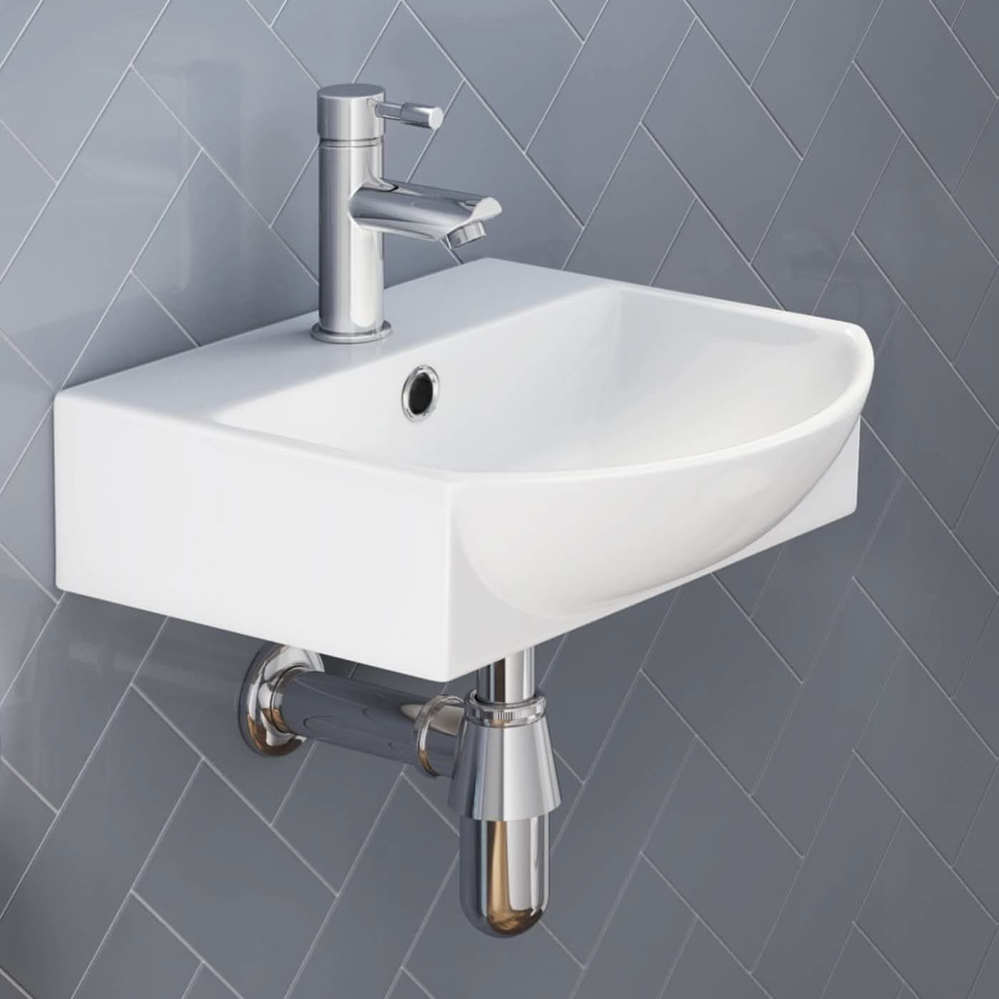 Modern Curved Ceramic Wall Hung Basin - 350mm x 350mm - Gloss White